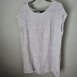 Tahari 100% Linen Sleeveless Shift Dress Gray Size M Button Sides